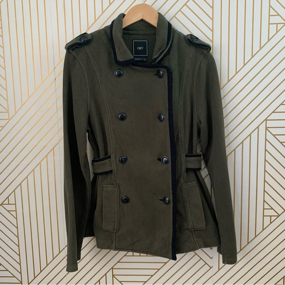 Obey cotton blend Utility military inspired double breasted green black Jacket 8 - Picture 2 of 9
